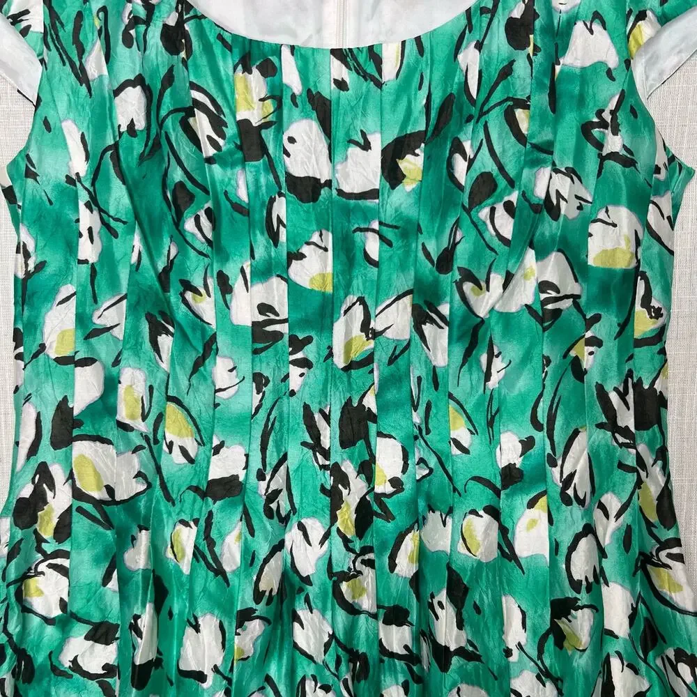 Kay Unger Dress Green Silk Cotton Blend Floral Fit Flare Scoop Neck Size 12 - Picture 7 of 13